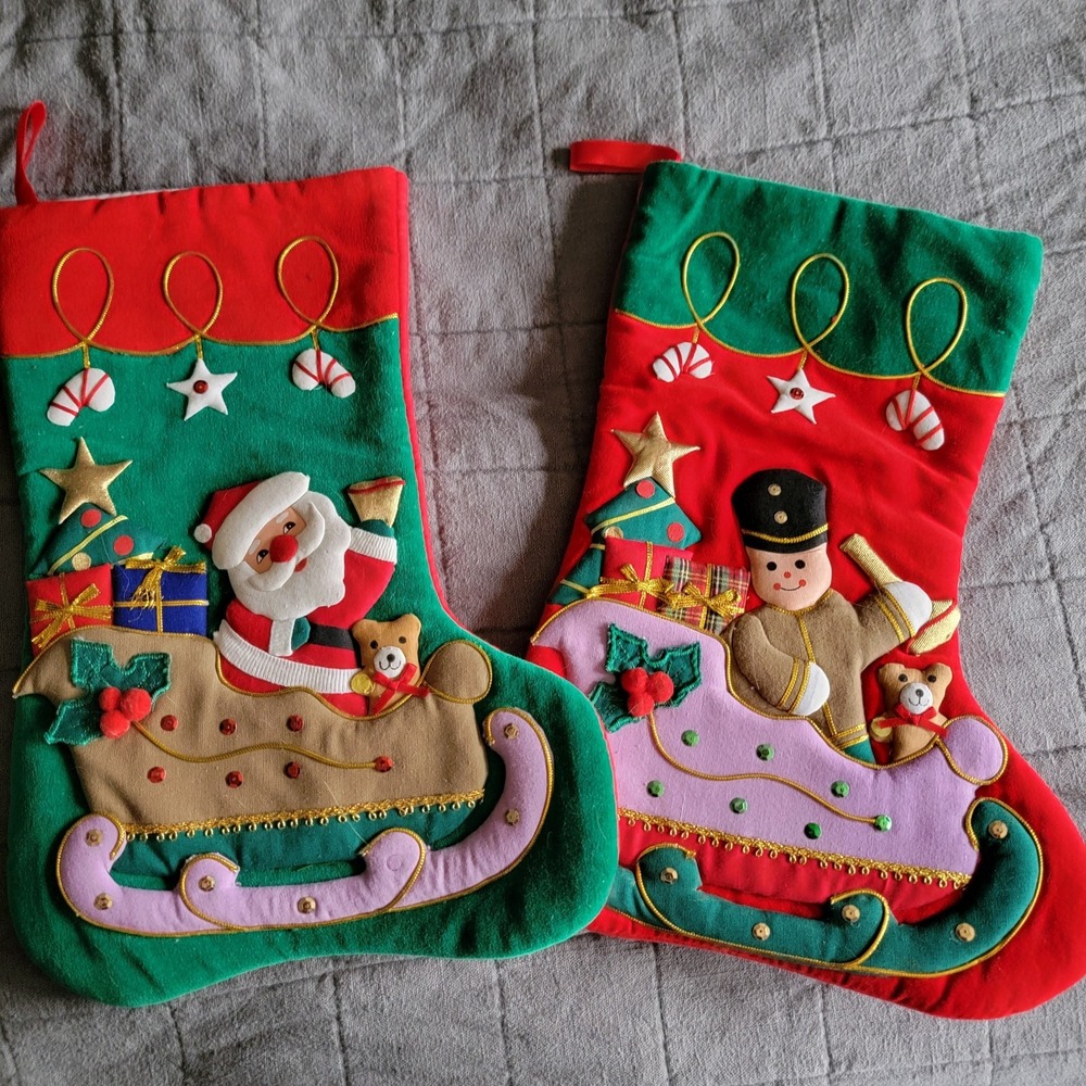 Vintage SANTA Sleigh Christmas STOCKING‎ Applique Sequin Velour Felt 3D 13 in
